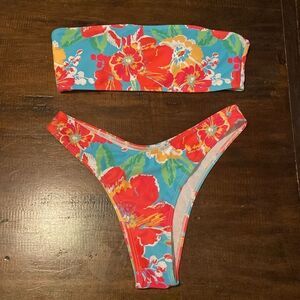 Floral bandeau Bikini Set in Pink, Blue & yellow Medium